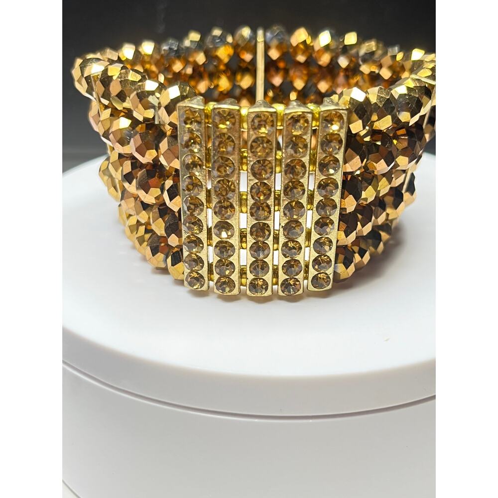 Vintage  Amber Facet Multi-Strand Beaded Stretch Bracelet- Rhinestone Bracelet - Picture 7 of 8